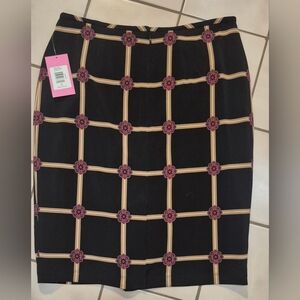 Isaac Mizrahi New York Pencil Skirt – Black with Gold & Pink Grid | Size 10(NWT)